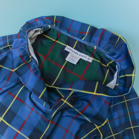 Gretchen Scott Ruff Neck Collar Plaidly Cooper Blue Blouse Size Medium - Picture 3 of 7